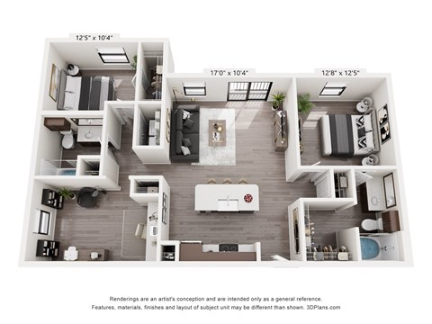 Floor plan for 2 beds, 2 baths, 1203 sqft